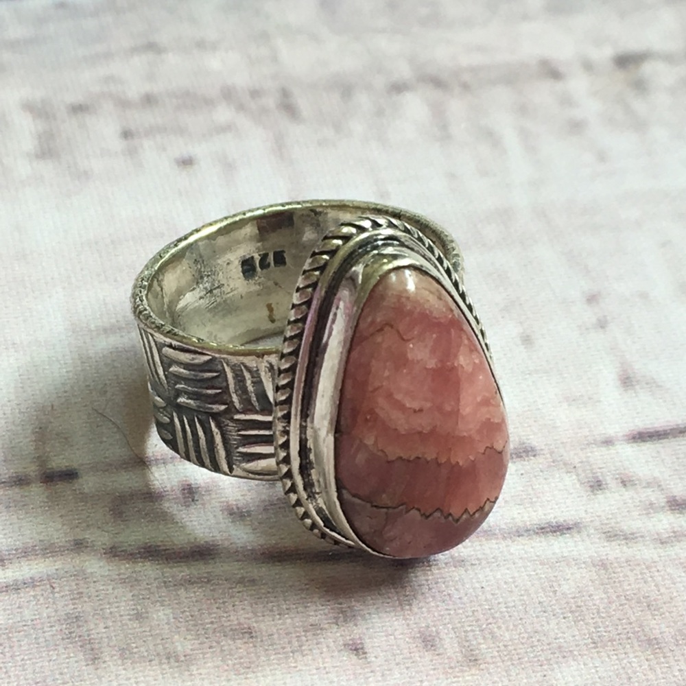 Rhodochrosite Agate & 925 Silver Ring, Size 6
